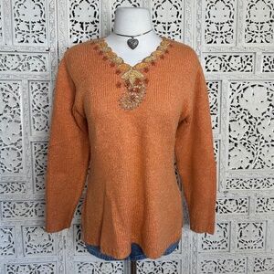 Orange V‎ Neck Sequin Beaded Paisley Fairycore Chunky Ribbed Sweater